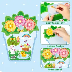 Spring Flower Pot Stickers - 12 Sets of Garden Theme Art Craft Kit for Kids School Activity Make Your Own Nature Sunflower Scene with Butterfly Frog Bug Animal DIY Insect Game Party Favor Gift