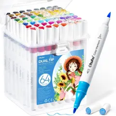 Ohuhu Water-based Markers for Adult Coloring Books No Bleeding 64 Colors Dual Tips Brush & Fine Coloring Markers for Kids Adults Beginners Drawing Pens for Journaling Lettering