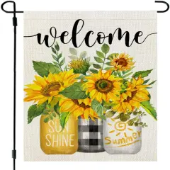 Summer Sunflower Garden Flag Mason Jar Double Sided 12x18 Inches Small Burlap Seasonal Welcome Yard Porch Decoration for Outside
