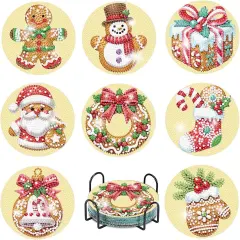 8 Pcs Christmas Diamond Art Coasters Kits with Holder, Gingerbread Snowman 5D DIY Diamond Pinting Coasters Acrylic Round Cup Coaster with Cork Pads for Tabletop Protection 10&times;10 CM