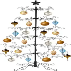 Gold Wrought Iron Ornament Display Christmas Tree Foldable Stand, & Metal Frame for Indoor Holiday Decor Black