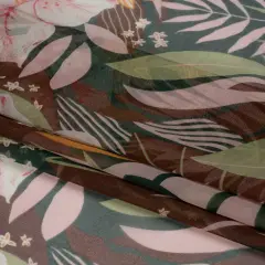 1 Yard Green, Brown and Pink Tropical Flora Silk Chiffon Lightweight Designer Textile 54 inch Width