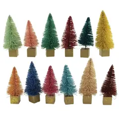 Cody Foster 2.5 Inch Rainbow Forest Mini Trees Christmas Decorative Tree Set , Christmas Decor Set 12 Bottle Brush Gold Base Multicolored