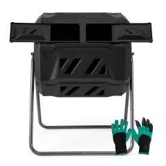 Dual-Chamber Compost Bin with Sliding Doors and Rotatable Design 42 Gallon Black