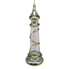 Glass Lighthouse Ornament With Gold Accent - Green