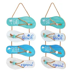 2 Pack Decorative Beach Signs for Home Decor, Eat, Sleep, Beach, Repeat Flip-Flop Ornament for Kitchen, Patio (10 x 23 In) Multicolor