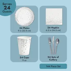 144 Pieces Silver Party Supplies for Wedding, Birthday - Silver Table Decorations with Plates, Napkins, Cups, and Cutlery (Serves 24)