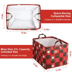 Christmas Red Storage Bin Basket Collapsible with Leather Handles Waterproof Canvas Storage Cube Box for Closet Toys Clothes Snowman Santa Room Decor Gift Basket