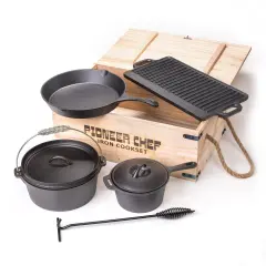 Prospector's Iron Cookware Camping Dutch Oven Set 8 Pieces Wood Box