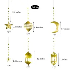 16 Pieces Islamic Gold Star Crescent Moon Lantern Ramadan Garland EID Decoration Home Happy Ramadan Mubarak Party Decor Hanging Streamer Wedding Backdrop Banner Aladdin Birthday Party Supplies