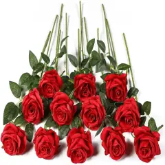 12 Pcs Red Roses Artificial Flowers Bouquet with Stems (Red)