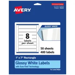 Avery Glossy White Rectangle Labels with Sure Feed, 1" x 7"