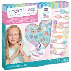 Make It Real: Linked Looks - 48pc DIY Bracelet Kit, Pastel Charms & Connectors, Mix & Match Styles, Cord Bracelet Jewelry Craft Set, Girls & Kids 6+