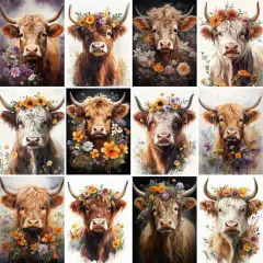 12 Pack Highland Cow Diamond Art Kits for Adults Kids 5D,12x16 Inches