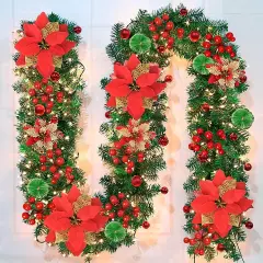 9FT Christmas Garland with Lights - Pre-Lit Artificial Green Christmas Garland
