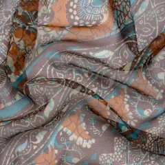 1 Yard Brown, Orange and Teal Floral Geometric Diagonal Stripes Silk Chiffon 54 Inch Width