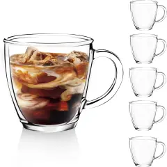 6 PACK,12 OZ - Premium Glass Coffee Mugs with Handle.