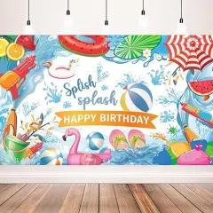 Summer Birthday Party Decorations, Splish Splash Happy Birthday Pool Party Banner, 71 x 43 Inches