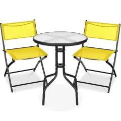 Best Choice Products 3-Piece Patio Bistro Dining Furniture Set w/ Round Textured Glass Tabletop, Folding Chairs Yellow