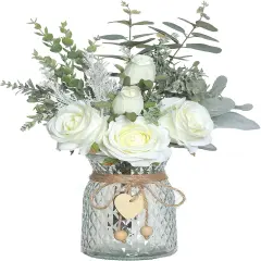 Faux Flowers with Vase,Artificial Silk Roses in Vase, Fake Plant Eucalyptus Flower Arrangement
