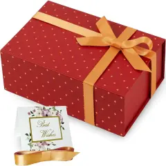 Red & Gold Gift Box for Women & Men With Magnetic Lid, Ribbon, Card, & Packing Paper Gift Box With Lid for Presents
