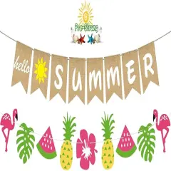 Hello Summer Banner Decorations, 17pcs Burlap Hawaiian Beach Tropical Summer Banner Garland with Watermelon Flamingo Pineapple Palm Leaves Party Decorations