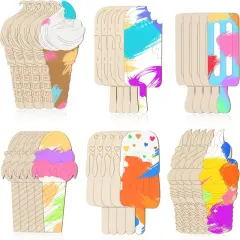 30 Pieces Ice Cream Wood Cutouts Crafts Bulk Color Your Own Ice Cream Cones Unfinished DIY Coloring Wooden Crafts Blank Wood Painting Kits for Summer