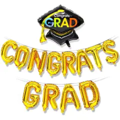 Congrats Grad Balloon Banner - Shiny Gold Balloons for Graduation Party Decorations, Class of 2025, 16 Inch