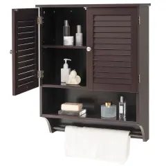 Wall-Mounted Bathroom Medicine Cabinet with Louver Doors and Towel Bar Brown