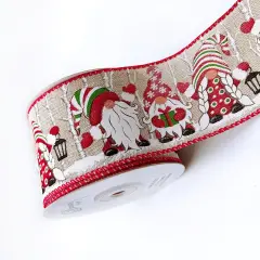 Designer&rsquo;s Shop WR 63-5203 Christmas Gnome Wired Edge Ribbon &ndash; 2.5" x 10 Yards &ndash; Red Green Striped Hats & Holiday Lanterns on Natural Burlap