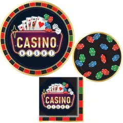 Casino Night Party Supplies Bundle, 10.5" Paper Dinner Plates, 7" Paper Appetizer Plates, and Luncheon Napkins, Serves 8