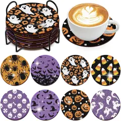 8 PCS Halloween Coasters with Holder - DIY Diamond Art Kit (Halloween-2)