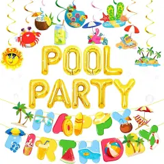 Summer Pool Beach Party Decoration, Pool Party Birthday Bash Party Decorations Tropical Balloons Banner for Kids Swimming Water Luau Tropical Hawaii Party Decoration Supplies