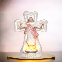 Ceramic Jesus with Cross Tealight Candle Holder, Religious D&eacute;cor, Religious Gift, Church D&eacute;cor, Church Gift, Baptism Gift