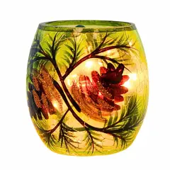 Stony Creek 3.0 Inch Whispering Pines Pre-Lit Votive Christmas Lighted Glass Accent , Christmas Decor Pinecones Frosted Glass Green