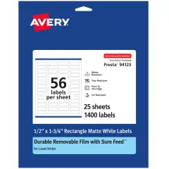Avery Durable ID Labels with Sure Feed, 1/2" x 1-3/4"