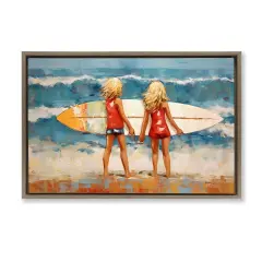 Stupell Industries Siblings with Surfboard Framed Floater Canvas Wall Art Design by Petal Prints Design