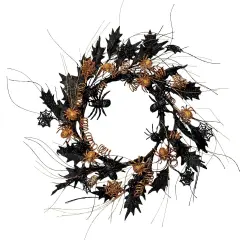 22 Inch Black Halloween Spider Wreath with Mapple Leaves