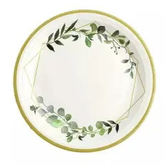 24 White 9" Round Geometric Eucalyptus Design PAPER DINNER PLATES Party Supplies