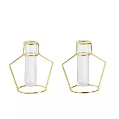 2 Gold Metal Geometric FLOWER VASE HOLDERS Clear Glass Tubes Home Centerpieces