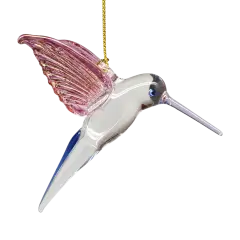 Feeding Hummingbird glass Ornament - Pink Wings / Blue Tail / Blue Beak