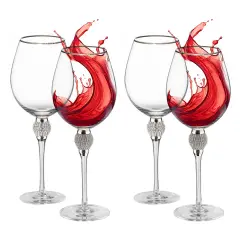 Rimmed Red Wine Glasses with Diamond Rhinestone Accent - 18 oz, 10 Inches Tall - Perfect Toasting Glasses for Bride and Groom, Great for Party, Wedding Anniversary and Special Occasion