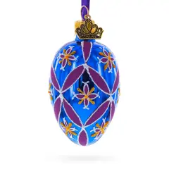 Cobalt Blue with Pink and Yellow Floral Pattern Mini Glass Egg Ornament 2.9 Inches