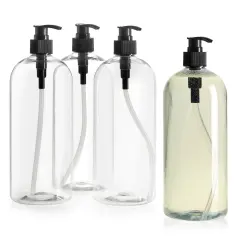 Okuna Outpost 34 oz Pump Bottles for Shampoo and Conditioner, 4 Pack Refillable Empty Shampoo Bottles, No-Spill, Clear Large Soap Dispenser with Black Pumps, Use for Hand Soap, Body Wash, Lotion