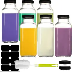 6 Pack 12 oz Glass Juice Bottles with Lids