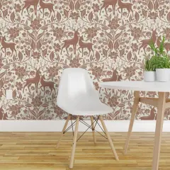 Peel & Stick Wallpaper 2FT Wide Cabincore Rustic Woodland Deer Floral Forest Leaves Stag Doe Damask Nature Berries Scene Brown Lodge Custom Removable Wallpaper by Spoonflower