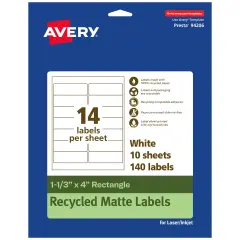 Avery Recycled Matte White Labels,1-1/3" x 4" Rectangle