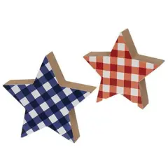 Patriotic Plaid Wooden Stars Set of 2 Americana Shelf Decor in Red, White & Blue