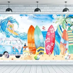 Beach Surfing Backdrop Decoration Summer Surfing Surfboard Birthday Party Backdrop Background Vintage Surfing Party Decorations for Luau Hawaiian Party Summer Tropical Sea Beach Baby Shower Supplies