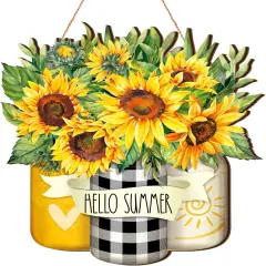 Sunflower Hello Summer Sign Welcome Wood Flower Sign Front Door Decor Inspirational Wood Hanging Door Sign Outdoor Wooden Front Door Decorations for Farmhouse Porch